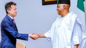 Director General, World Intellectual Property Organisation (WIPO), Daren Tang (left) with Vice President Kashim Shettima during Daren’s visit to the Presidential Villa in Abuja, yesterday.