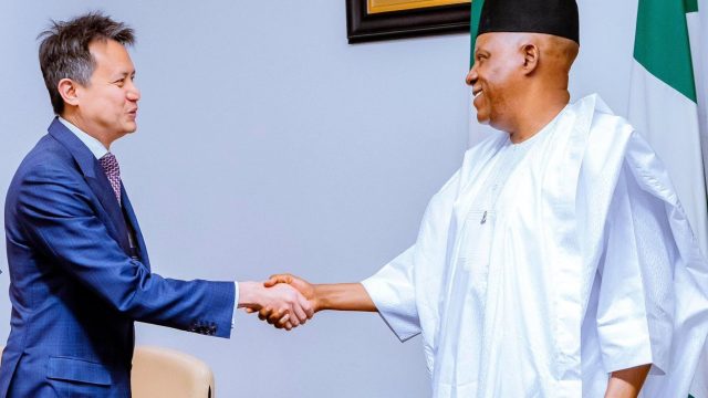 Director General, World Intellectual Property Organisation (WIPO), Daren Tang (left) with Vice President Kashim Shettima during Daren’s visit to the Presidential Villa in Abuja, yesterday.