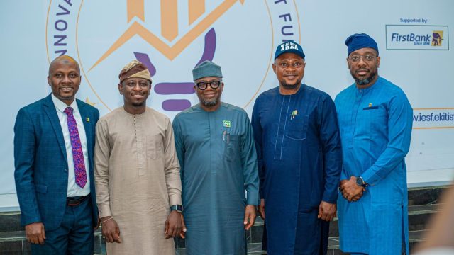 L-R: Adebayo Yacoub – Business Manager, Public Sector Directorate, who represented the First Bank CEO; Oluwaseun Fakuade -Honourable Commissioner for Innovation, Science and Digital Economy, Ekiti State; Oyeniyi Adebayo – Chief of Staff to the Governor of Ekiti State; Hon. Idowu Odebunmi, Chairman, State House Committee on Youth Development and ICT; Ayodeji Aina – Head, Enterprise Innovation Department, First Bank at the IESF disbursement ceremony in Ekiti.