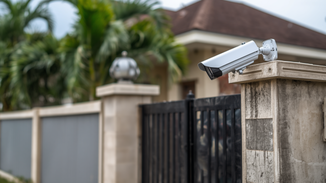 A secure house gate with a prominent CCTV