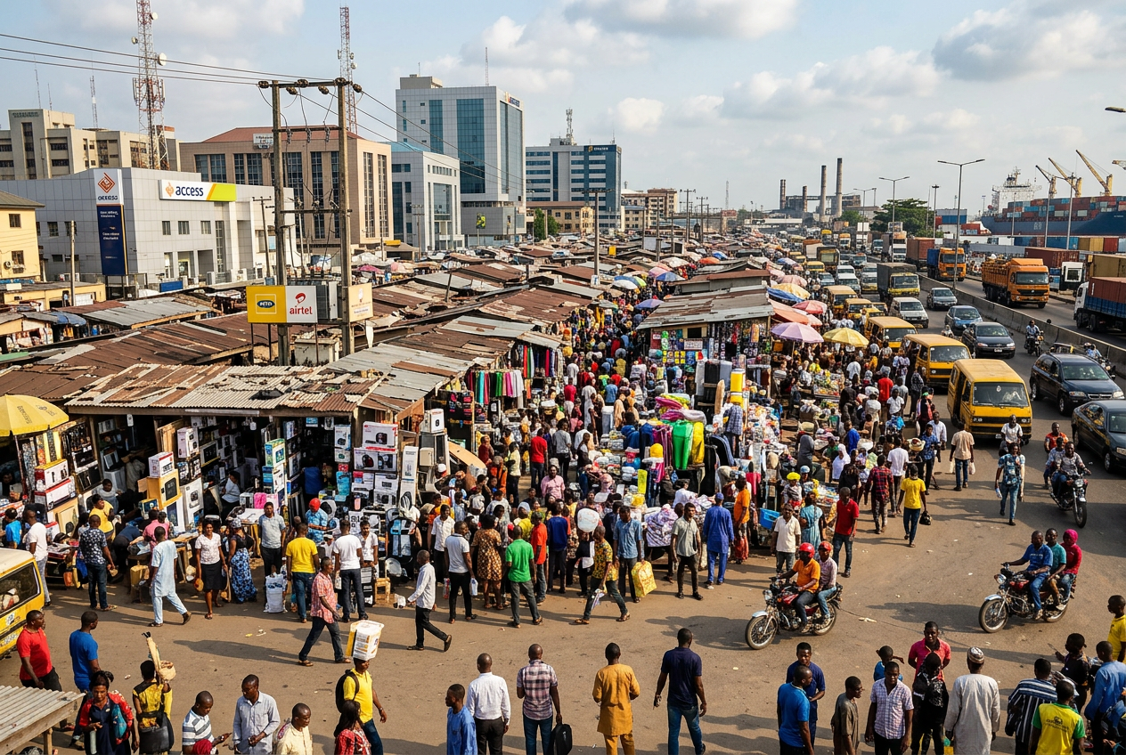 A densely crowded open-air market street packed with shoppers and stalls, representing the biggest market in Lagos and retail trade as a major occupation of people in Lagos.