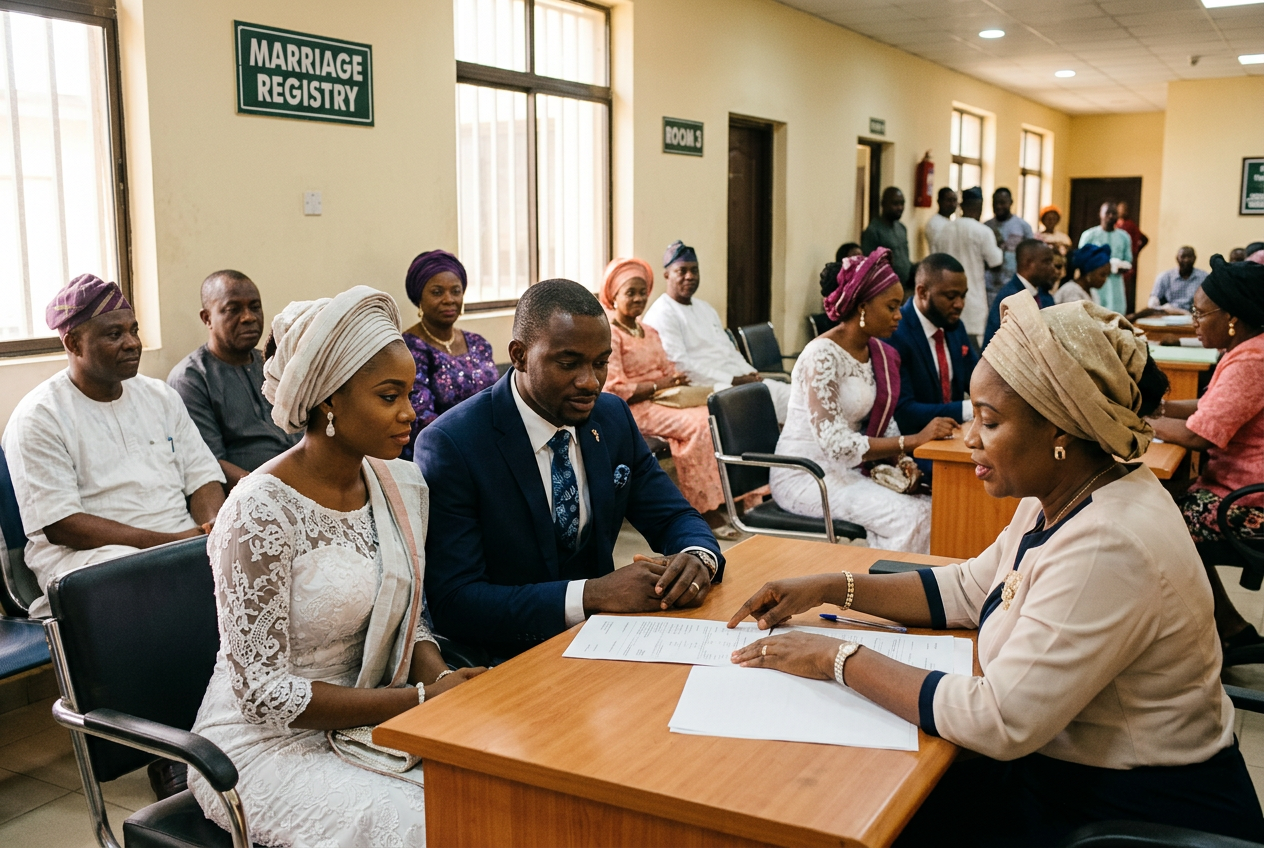 Couple registering their union at a Nigerian marriage registry office, illustrating statutory marriage laws and whether a man can marry a second wife in court in Nigeria.