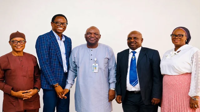 Prof. Victor U. Chukwuma, Chairman, Faculty of Science Open Lecture Committee, Dr. Sola Adeyiga, MD, CreditPRO Finance Company Limited, Prof. Ayodeji Johnson Agboola, Vice Chancellor, Olabisi Onabanjo University, Prof. Olatunde Odetunde, Dean, Faculty of Science, Prof. Haneefat Egberongbe, Vice Chairman, Faculty of Science Open Lecture Committee; during the Olabisi Onabanjo 2nd Faculty of Science Open Lecture 2026, which held at ODG hall, Olabisi Onabanjo University, Ago Iwoye, Ogun State