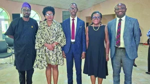 Former Acting Vice-Chancellor, University of Ibadan, Prof. Adebola Ekanola (left); newly appointed Vice-Chancellor, Kola Daisi University, Prof. Olajumoke Morenikeji; Registrar, Haruna Adetu; Mr. Olasumbo Obaseki, and Dr Jonathan Ikeolumba, at the inaugural career fair for final-year students of the university.