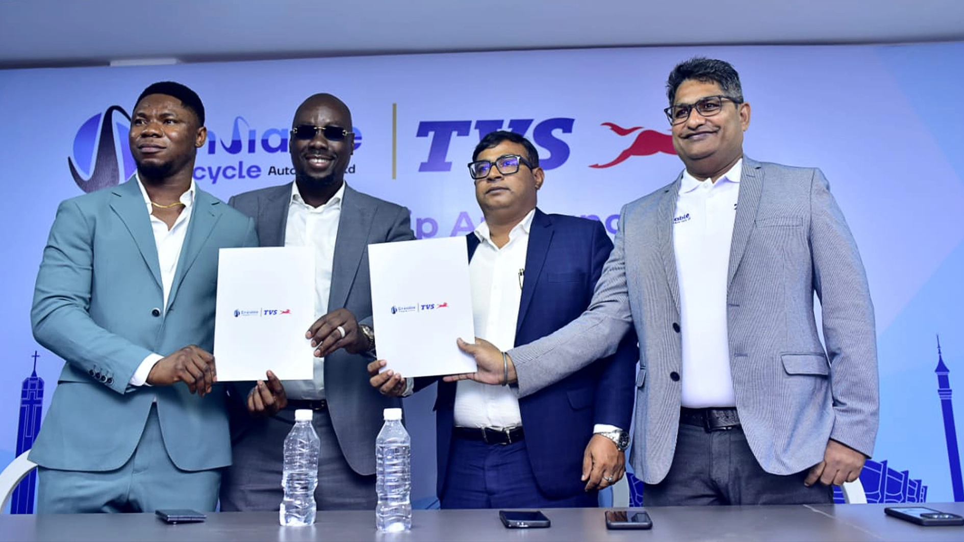 Founder/Chief Executive Officer of Enviable Group/ Enviable Tricycle Auto Parts Ltd, Chukwuemeka Enviable Ituma (left); Chairman, Enviable Group, Chief Obinna Iyiegbu; Regional Business Head, West Africa II, TVS Motor Company, Prashant Sanglikar;  and Cluster Head Sales, West Africa II, TVS Motor Company, Ajay Garje during the signing of a strategic partnership between TVS Motor Company and Enviable Tricycle Auto Parts Ltd yesterday in Ikorodu, Lagos.