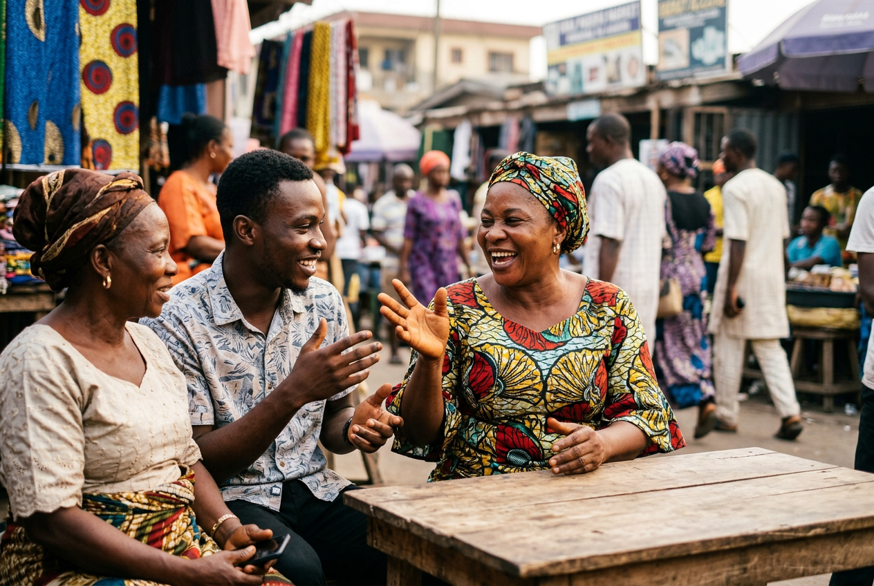 People chatting in a busy Nigerian market, reflecting the Nigerian way of talking through friendly interaction, local expressions, and everyday communication.
