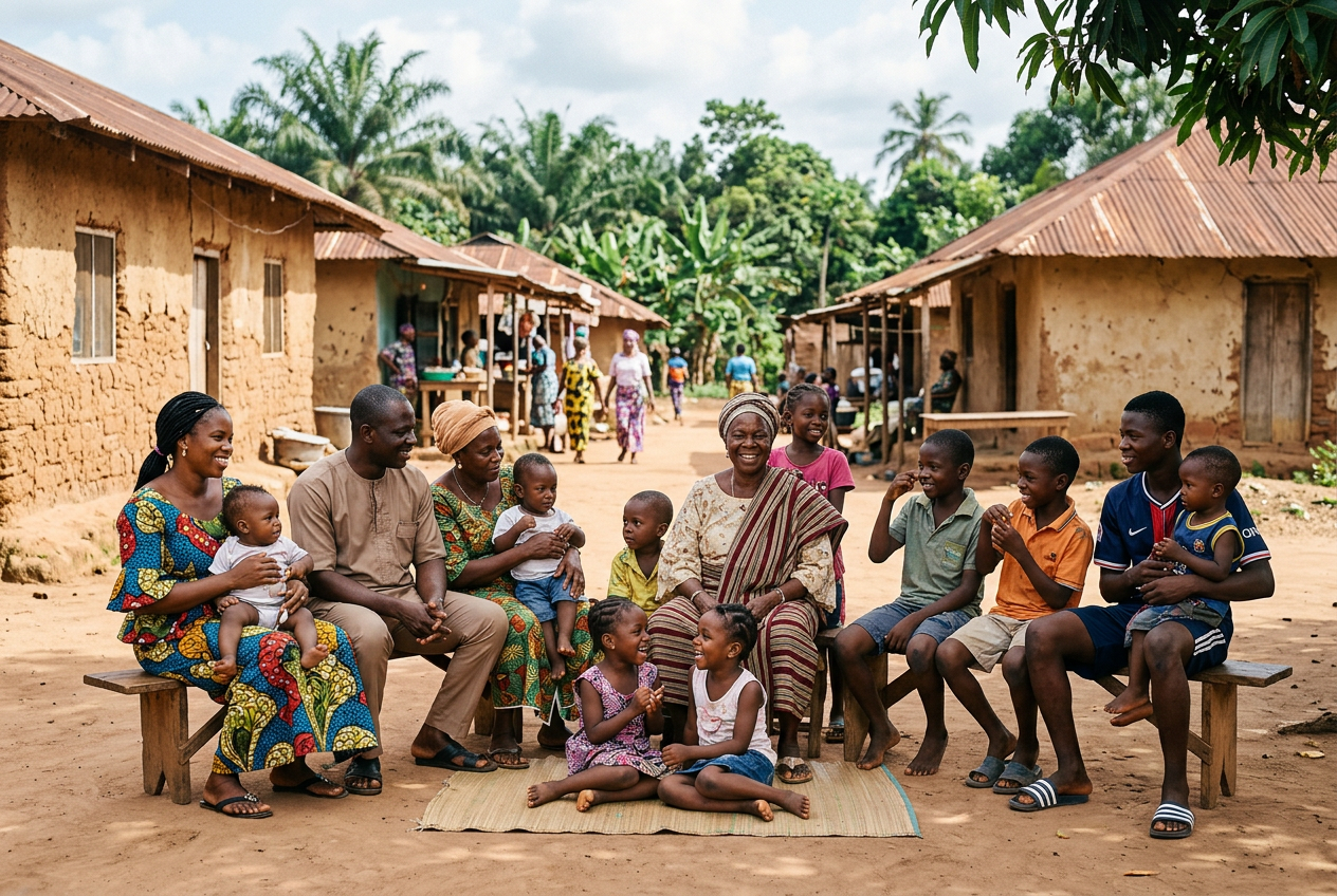 Extended Nigerian family with parents, grandparents, and children in a rural community, representing the average number of children in an African family and fertility rates in Nigeria.