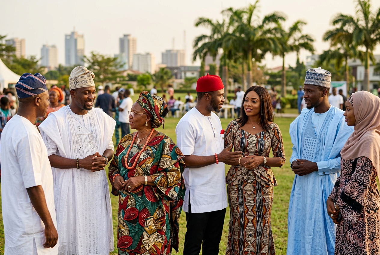 Nigerians wearing traditional clothing from different ethnic backgrounds, representing the main cultures of Nigeria including Yoruba, Hausa, and Igbo traditions.