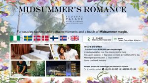 Event flyer for Midsummer's Day cultural celebration at Federal Palace Hotel, Lagos, in partnership with Johnnie Walker Blonde, on 20 June. Features beer deals, chilled music, signature cocktails, lower pool deck lounging, and a special seafood dinner afterparty. Targeting cultural enthusiasts in Lagos