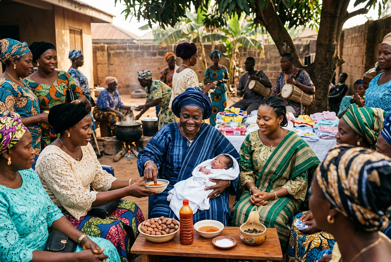 Elders and relatives celebrate a newborn during a Nigerian baby naming ceremony, showcasing traditional post-birth rituals and customs practiced in Yoruba culture.