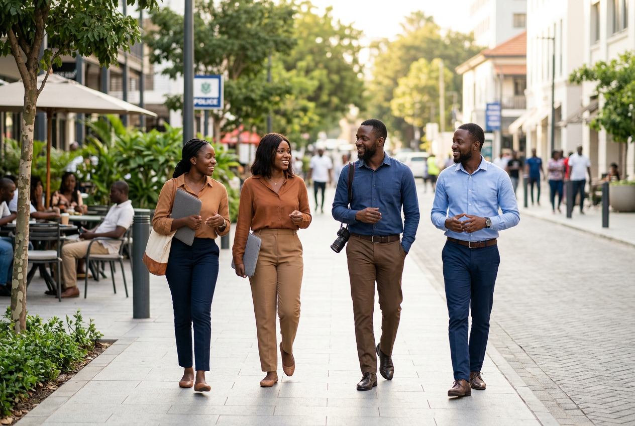 Young professionals walking through a clean and secure urban district, representing African countries with low crime rates and high quality of life.