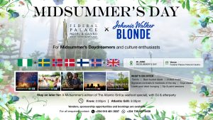 Event flyer for Midsummer's Day cultural celebration at Federal Palace Hotel, Lagos, in partnership with Johnnie Walker Blonde, on 20 June. Features beer deals, chilled music, signature cocktails, lower pool deck lounging, and a special seafood dinner afterparty. Targeting cultural enthusiasts in Lagos