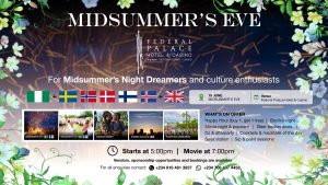 ALT text: "Event flyer for Midsummer's Romance at Federal Palace Hotel, Lagos, a romantic couples' weekend from 19-21 June. Features luxury room rates, dinner for two, signature cocktails, massage, and pool deck lounging. Perfect for Lagos date ideas and staycations."