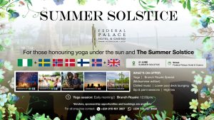 Event flyer for Summer Solstice at Federal Palace Hotel, Lagos, on 21 June. Targeting wellness and yoga enthusiasts in Victoria Island. Features an early morning yoga session, brunch royale (Midsummer edition), chilled music, high tea, and pool deck lounging.