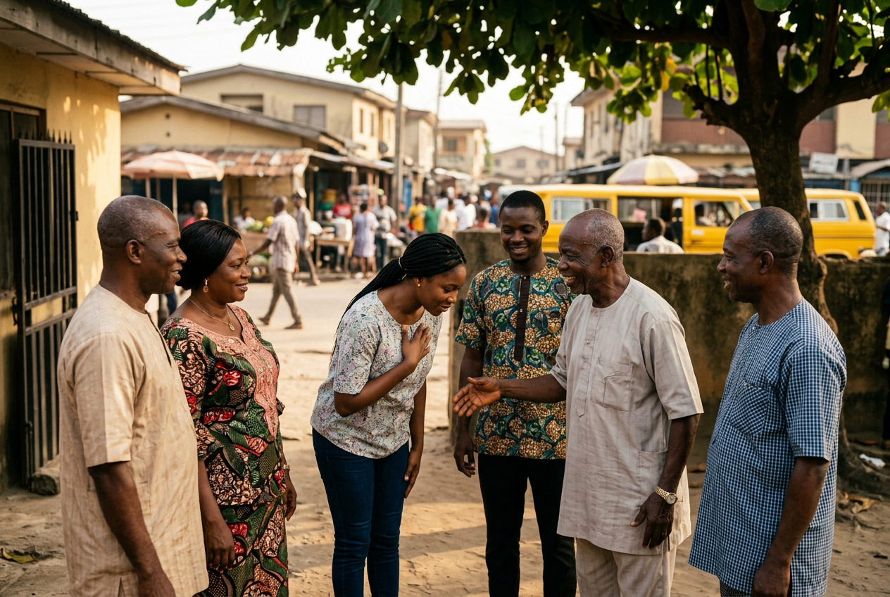 Young woman respectfully greeting elders in a Nigerian community, illustrating cultural etiquette, respect, and traditional social customs in Nigeria.