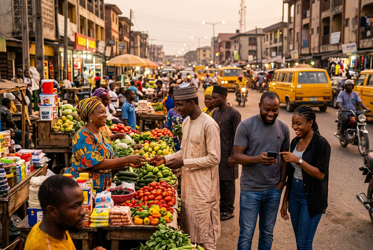 Nigerians shopping at a vibrant urban market, highlighting consumer trends, local commerce, and everyday life in Nigeria's major cities.