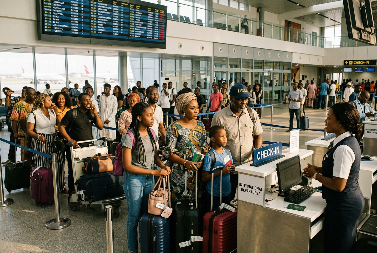 Nigerian travelers checking in for international flights, illustrating where most Nigerians move to and the most popular migration destinations from Nigeria.