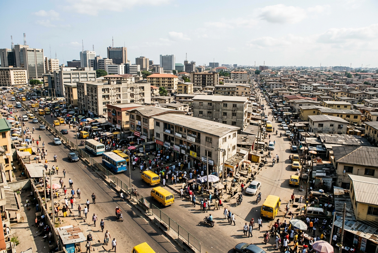 Aerial view of a densely populated Nigerian city showing where most people live in Nigeria and highlighting one of the country's largest urban population centers.