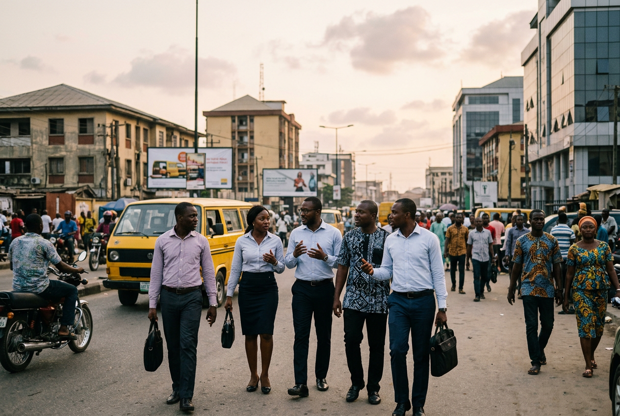 Professionals walking through a busy Nigerian city, illustrating why Nigeria is called the giant of Africa and one of the most powerful countries on the continent.