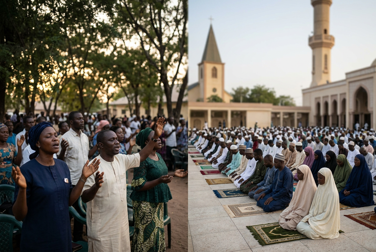 Christian worshippers and Muslim worshippers participating in religious services in Nigeria, highlighting the comparison of Christianity and Islam as the country's largest religions.