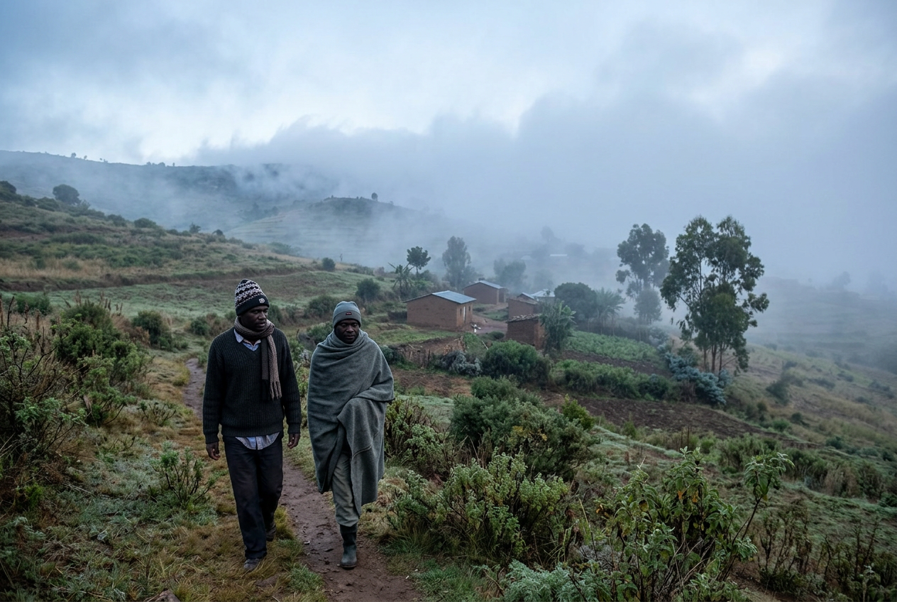 Fog-covered rural landscape in one of Nigeria's colder regions, showing the cool temperatures and weather conditions found in some states during the cold season.