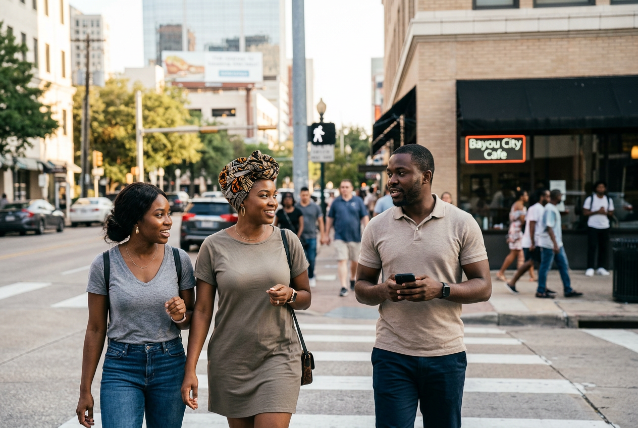Nigerian Americans walking in Houston, Texas, a city often recognized as one of the largest hubs for Nigerians in the United States.