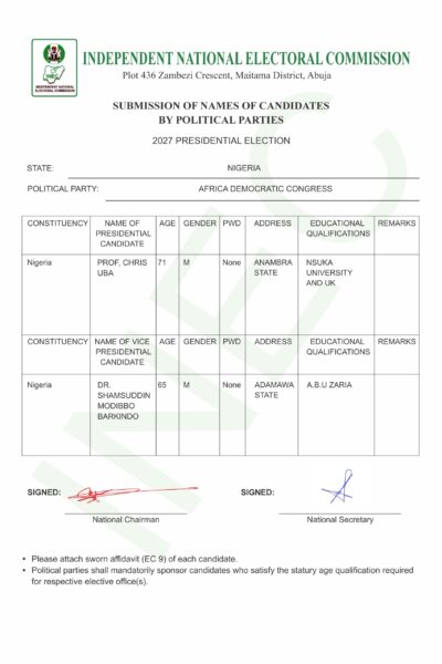 ADC faction uploads 2027 presidential, national assembly candidates to INEC Portal