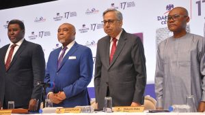 Company Secretary/General Counsel, Dangote Cement Plc, Edward Imoedemhe (left); Chairman, Dangote Cement Plc, Emmanuel Ikazoboh; Group Managing Director/Chief Executive Officer, Dangote Cement Plc, Arvind Pathak; and Non-Executive Director, Dangote Cement Plc, Olakunle Alake, during the 17th yearly general meeting of Dangote Cement Plc in Lagos, yesterday.