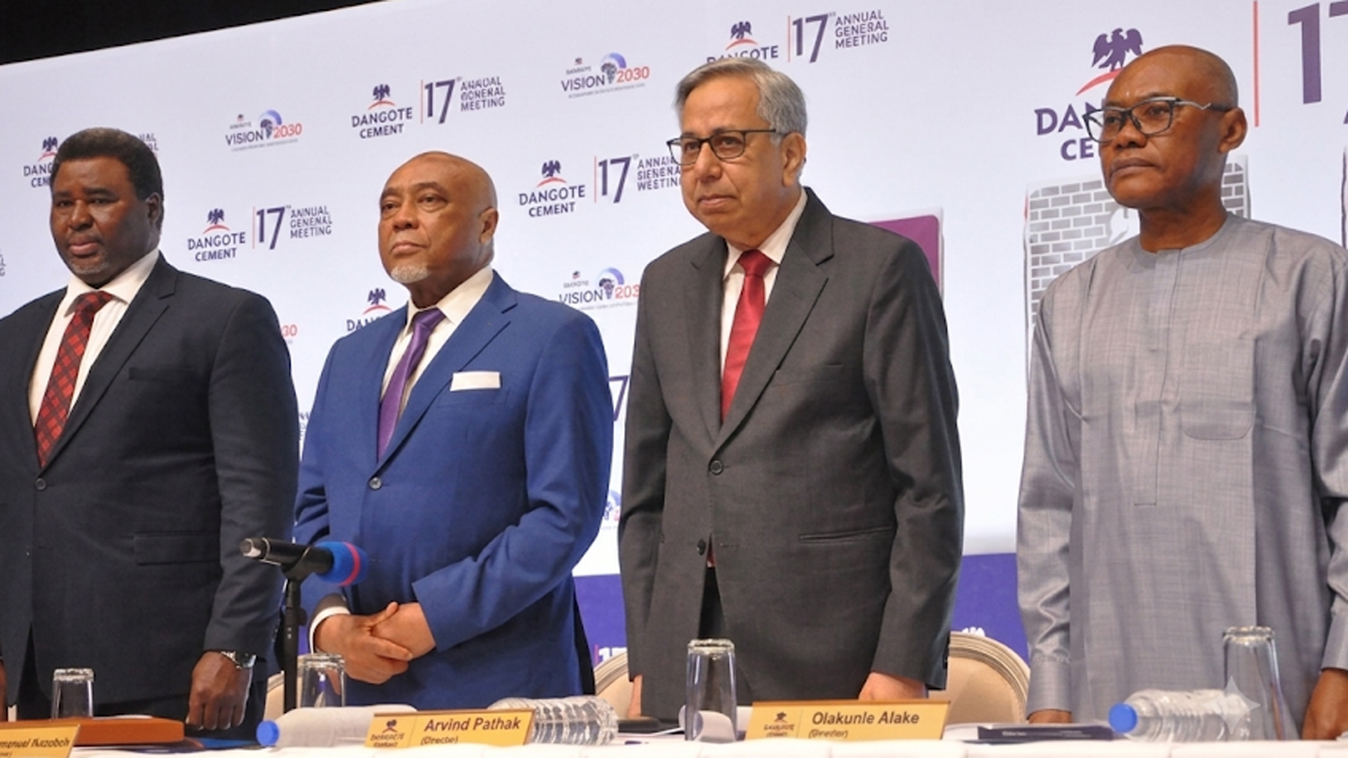 Company Secretary/General Counsel, Dangote Cement Plc, Edward Imoedemhe (left); Chairman, Dangote Cement Plc, Emmanuel Ikazoboh; Group Managing Director/Chief Executive Officer, Dangote Cement Plc, Arvind Pathak; and Non-Executive Director, Dangote Cement Plc, Olakunle Alake, during the 17th yearly general meeting of Dangote Cement Plc in Lagos, yesterday.