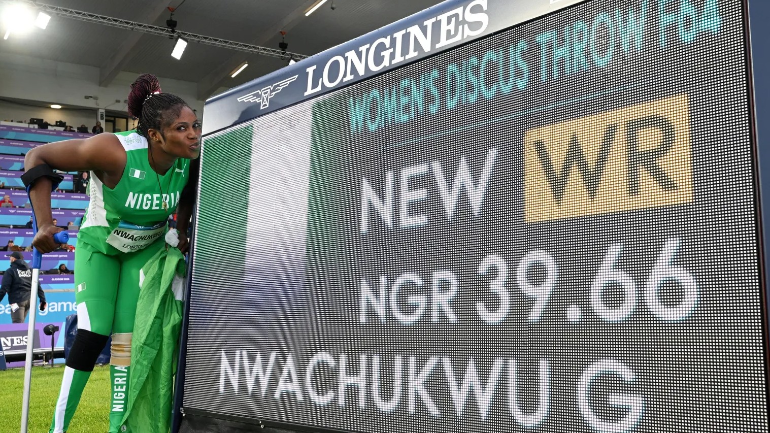 Goodness Nwachukwu with the new world record she set at the ongoing Commonwealth Games in Glasgow, Scotland.