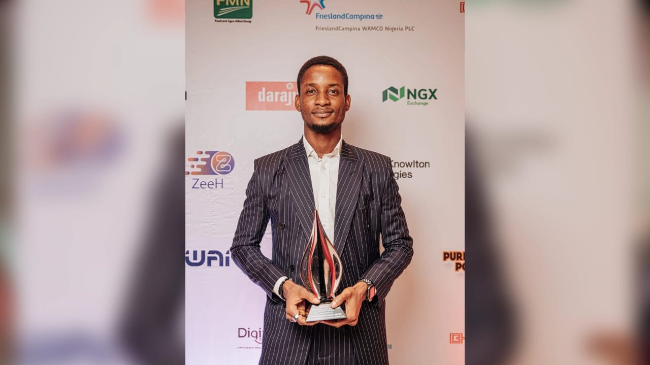 Adedayo receiving an award on behalf of Kawai Technologies at the Nigerian Business Leaders Awards, at Intercontinental Hotel in December 2022.