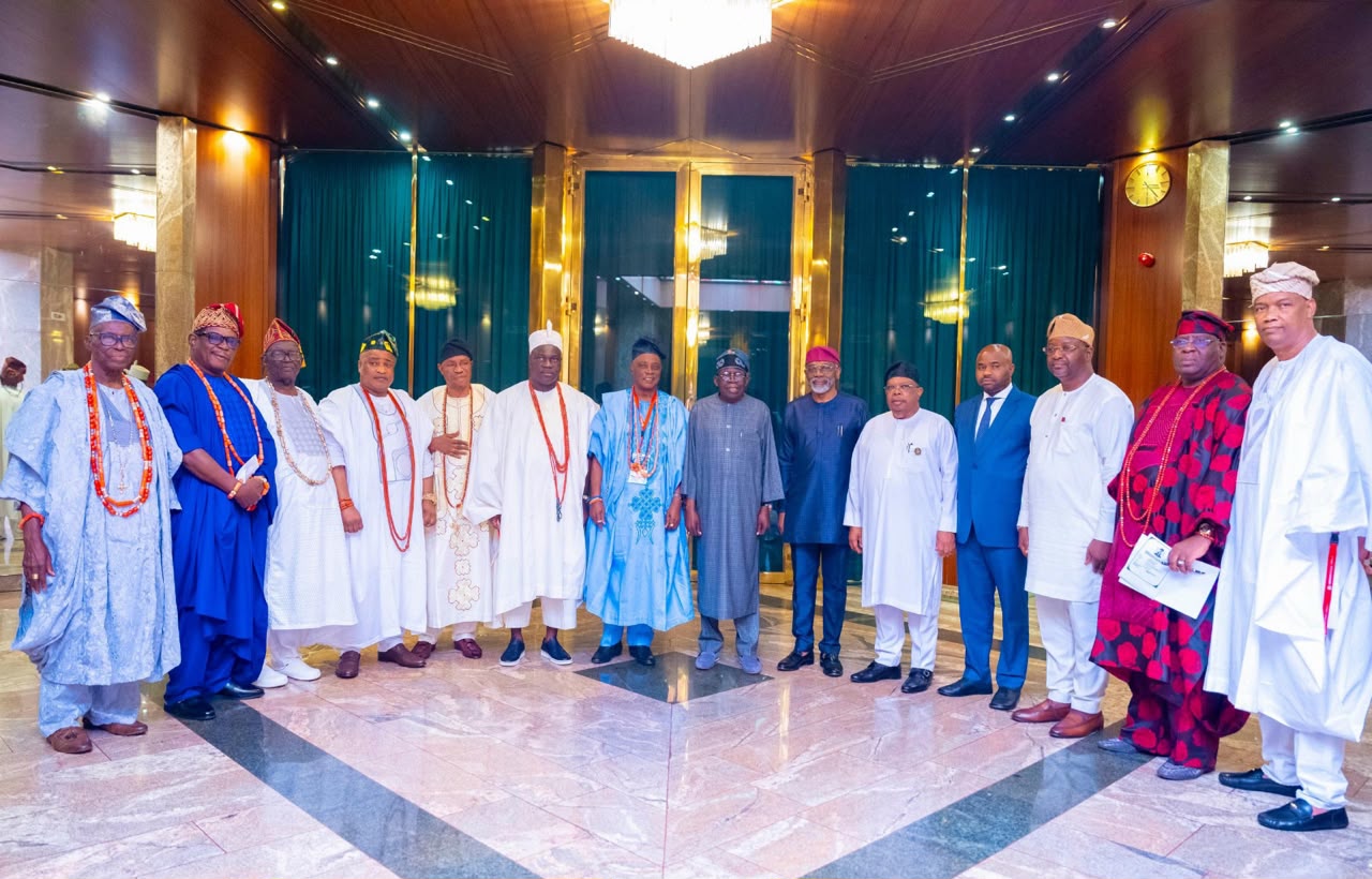 President Bola Ahmed Tinubu receives traditional rulers from Oyo State led by Olubadan of Ibadanland, Oba Rashidi Adewolu Ladoja, in the State House. Thursday, July 30, 2026  L-R the Aare Ago of Ogbomoso, High Chief S. Otolorin; the Osi Olubadan, Oba Abiodun Kola-Daisi; the Balogun of Ibadanland, Oba Tajudeen Ajibola; the Onigbeti of Igbeti, Oba Abioye Basiru Olalekan; the Alajawa of Ajawa, Oba Adeyeye Oyetunji; the Olugbon of Orile-Igbon, Oba Francis Alao; Olubadan of Ibadanland, Oba Rashidi Adewolu Ladoja; President Bola Ahmed Tinubu; Chief of Staff to the President, Femi Gbajabiamila; Minister of Power, Joseph Tegbe; Chairman of Nigerian Revenue Service, Zacch Adedeji; Special Adviser to the President on Media & Public Communication, Sunday Dare; Aseyin of Iseyin, Oba Sefiu Olawale Oyebola Adeyeri III and Mogaji Wole Arisekola.