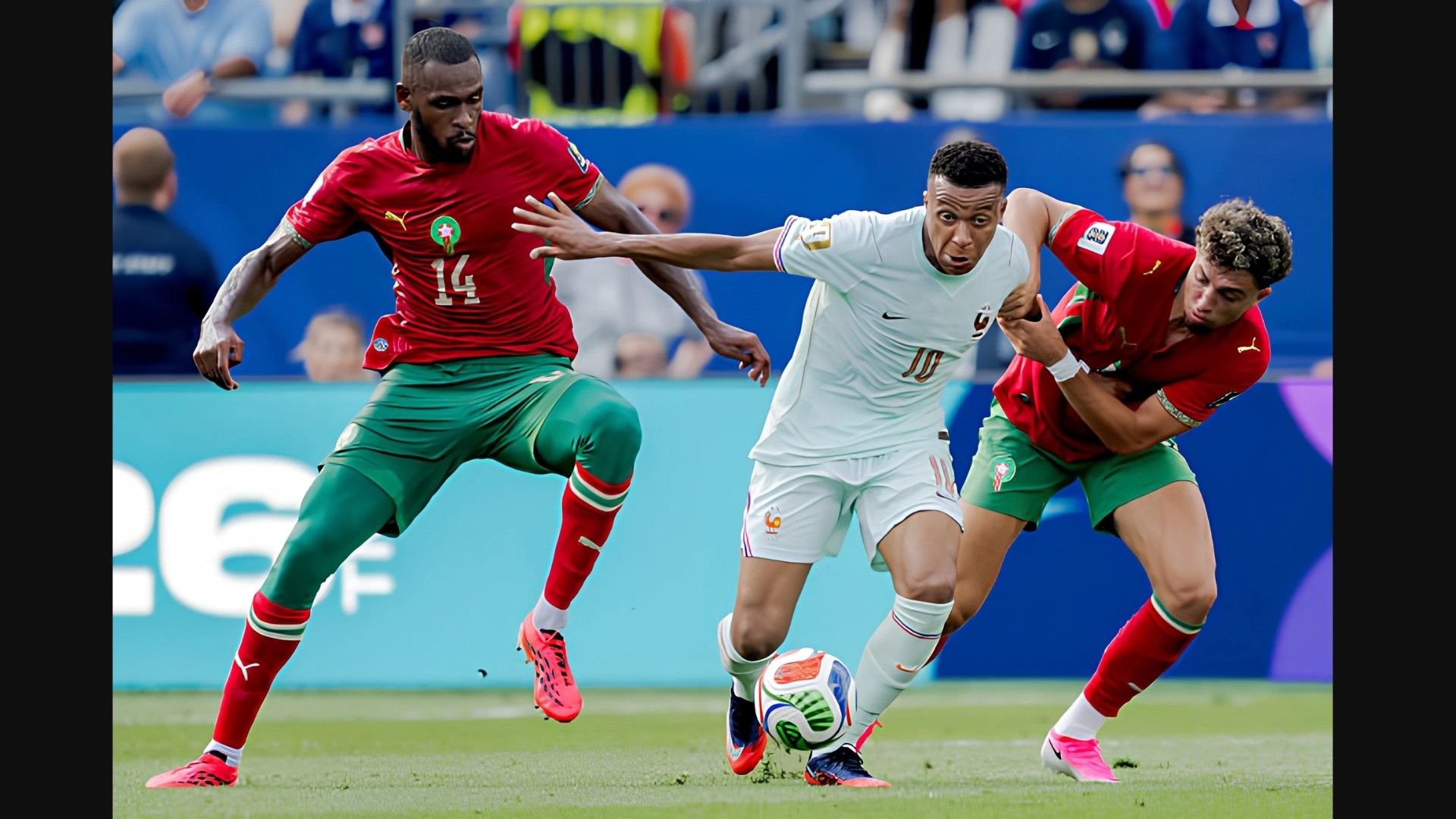 Kylian Mbappe dribbles past Issa Diop and Neil El Aynaoui of Morocco