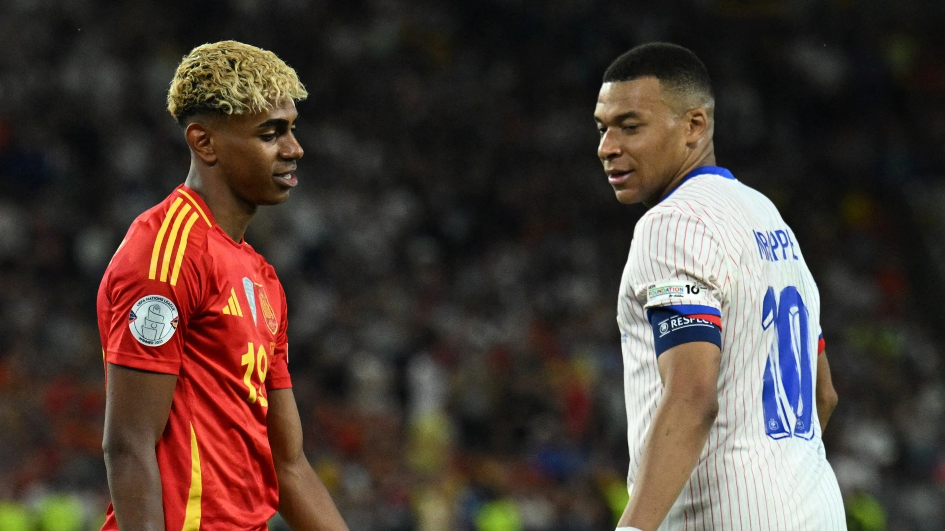 Lamine Yamal and Kylian Mbappe during the 2025 UEFA Nations League semi-final match between Spain and France. 