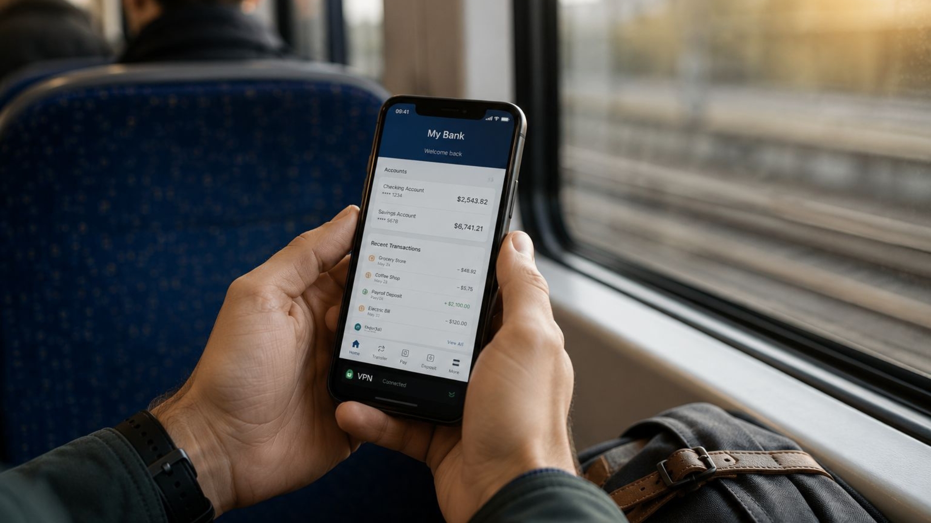 Man on a train looking at his phone with an open banking interface