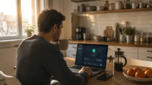 Man with a cup of coffee working on a laptop