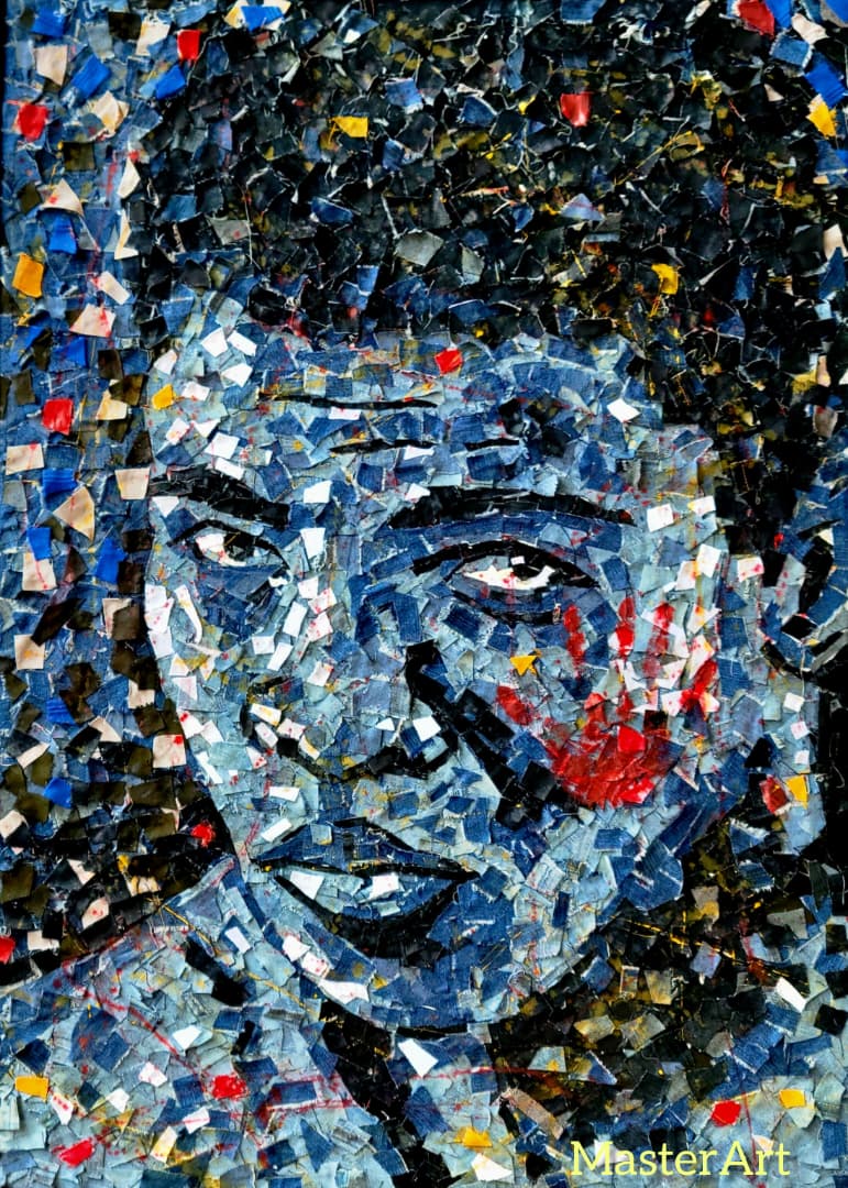 Muhammad Ali denim portrait by visual artist Praise Agunbiade, better known as MasterArt.