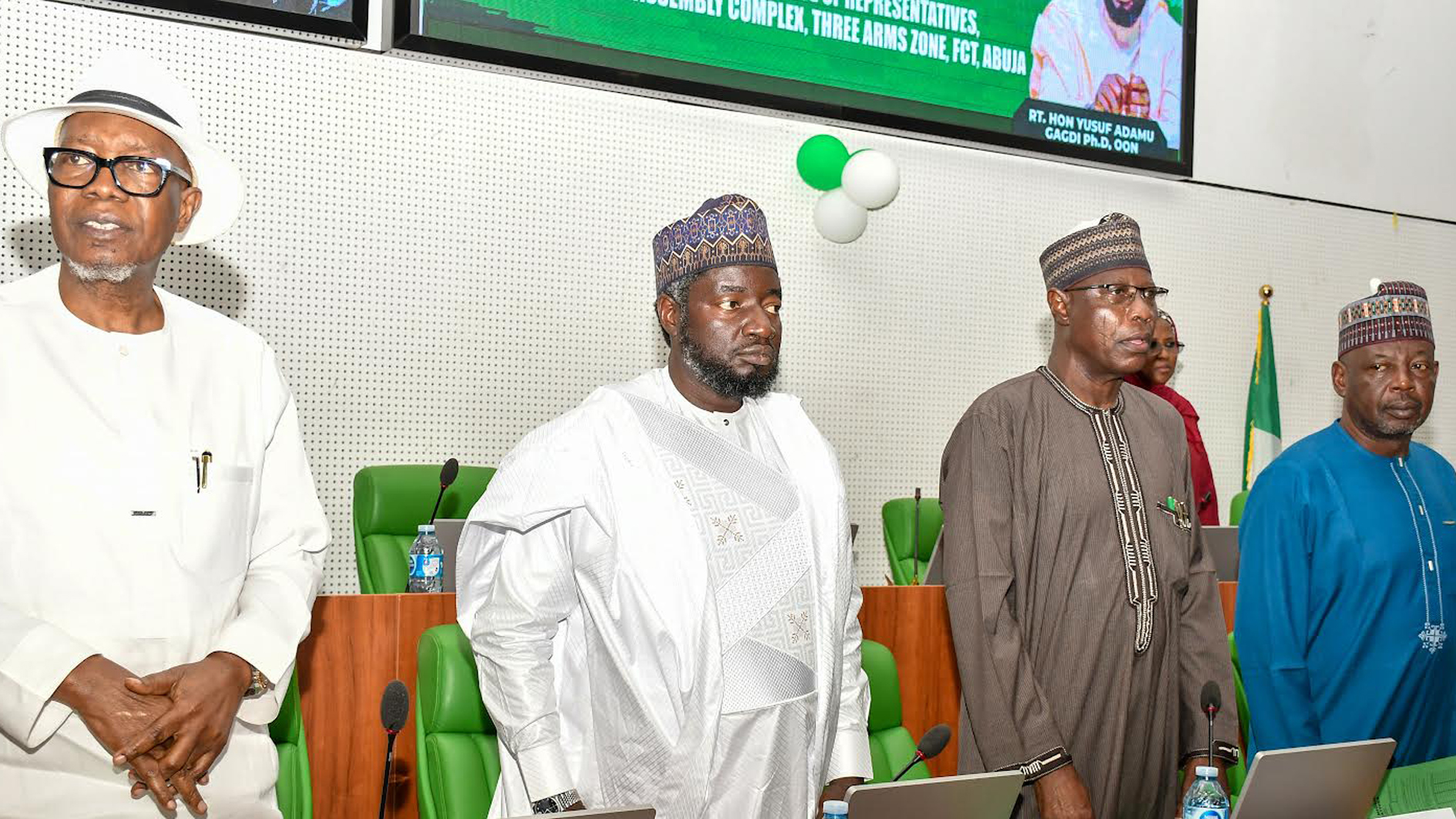 Representative of the Speaker, Prof. Julius Ihonvbere (left); Chairman of the House Ad-hoc Committee to investigate the unestablished Presidential Foreign Investment Promotion Council (PFIPC), Yusuf Gagdi Adamu; members of the committee, Abubakar Hassan Fulata, and Sarki Dahiru, during the investigative hearing in the National Assembly, Abuja, yesterday.  				                   PHOTO: LUCY LADIDI ATEKO 