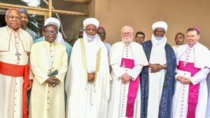 Emeritus Catholic Archbishop of Abuja, Cardinal John Onaiyekan (left); Bishop of Sokoto Diocese, Matthew Kukah; Sultan of Sokoto/President-General, Nigerian Supreme Council for Islamic Affairs (NSCIA), Muhammadu Sa’ad Abubakar III; Holy See’s Secretary for States and International Organisations, Archbishop Paul Gallagher; Emir of Argungu, Kebbi State, His Royal Highness Samaila Muhammadu Mera and Archbishop Michael Crotty, during a meeting aimed at fostering peace, unity, and mutual understanding at the National Mosque in Abuja, yesterday.       PHOTO: LUCY LADIDI ATEKO 