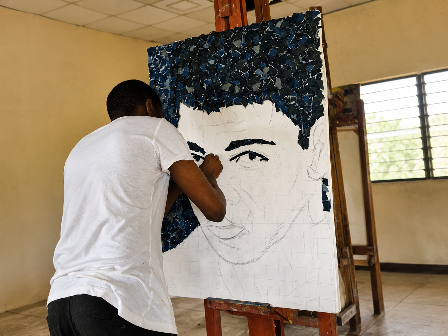 Praise Agunbiade creating a denim portrait of Muhammad Ali.