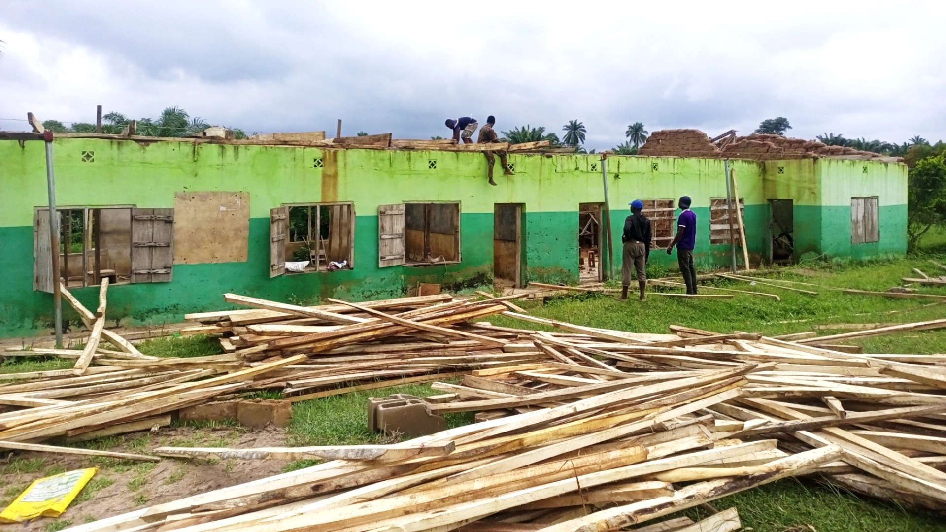 A school building damaged by a severe windstorm