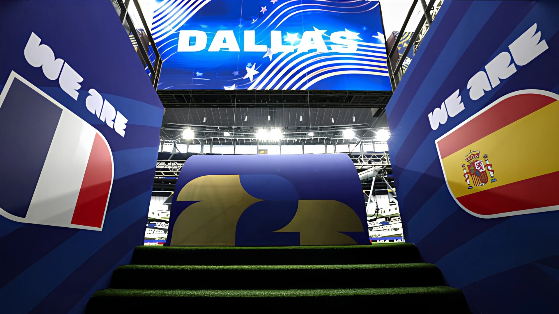 A view of the tunnel entrance featuring the flags of France and Spain at the Dallas Stadium in Arlington on July 12, 2026, ahead of the 2026 World Cup football tournament semi-final match between France and Spain 