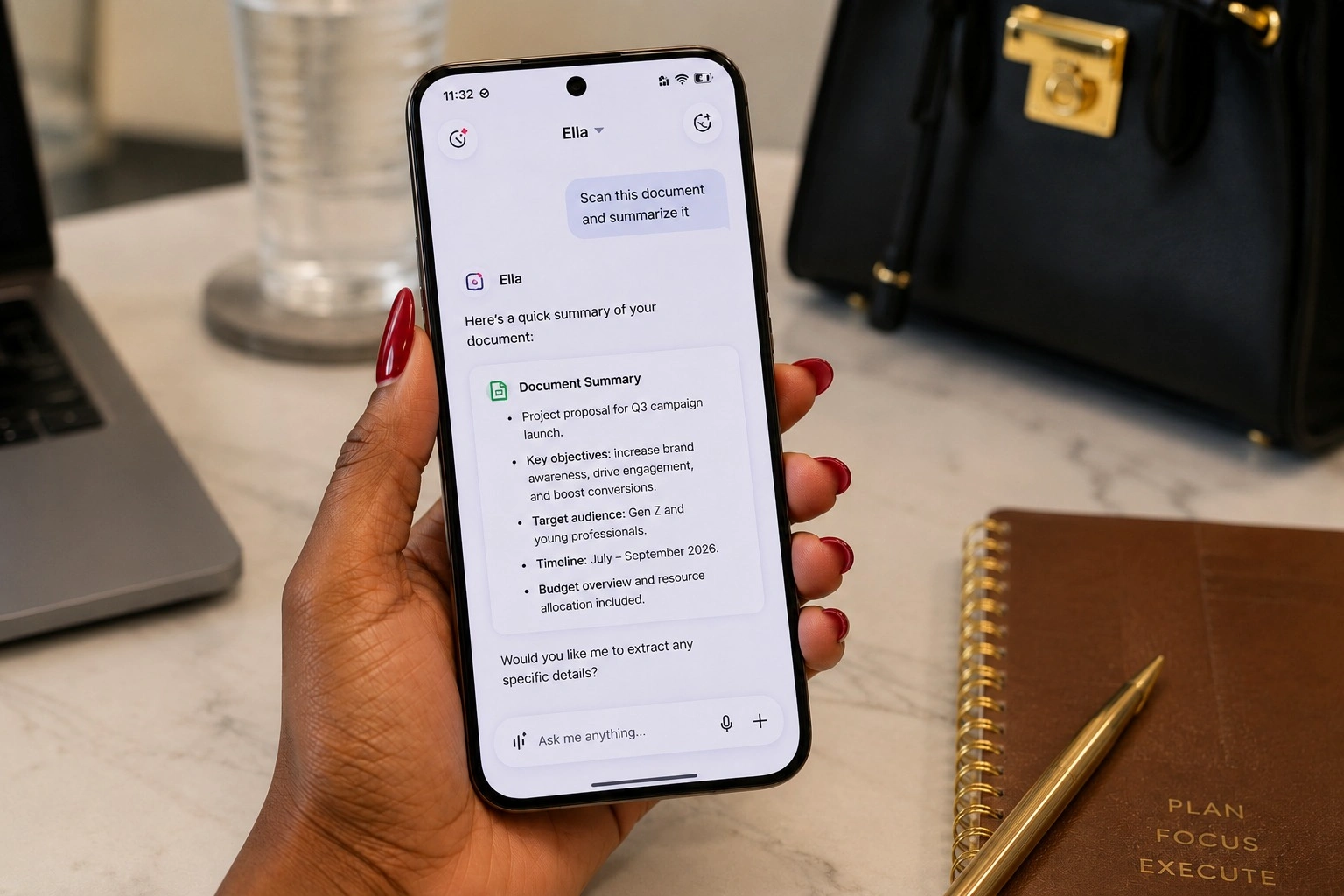 Image of a hand holding a Tecno smartphone with the EllaClaw interface active.
