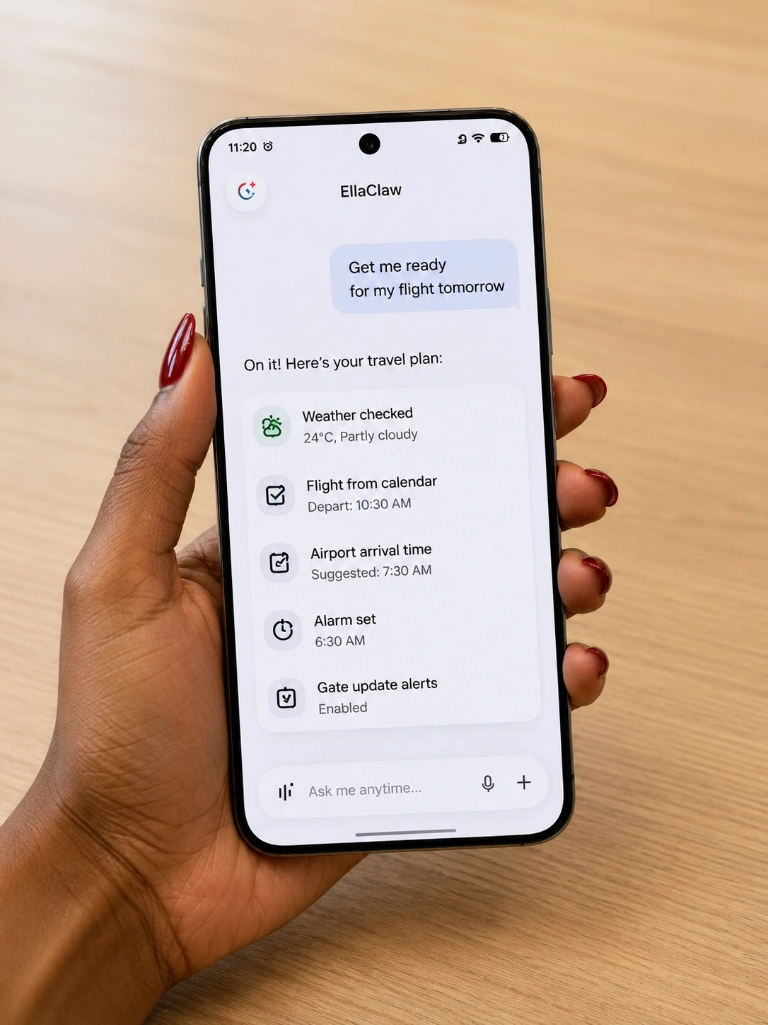 Image of a hand holding a Tecno smartphone with the EllaClaw interface active.