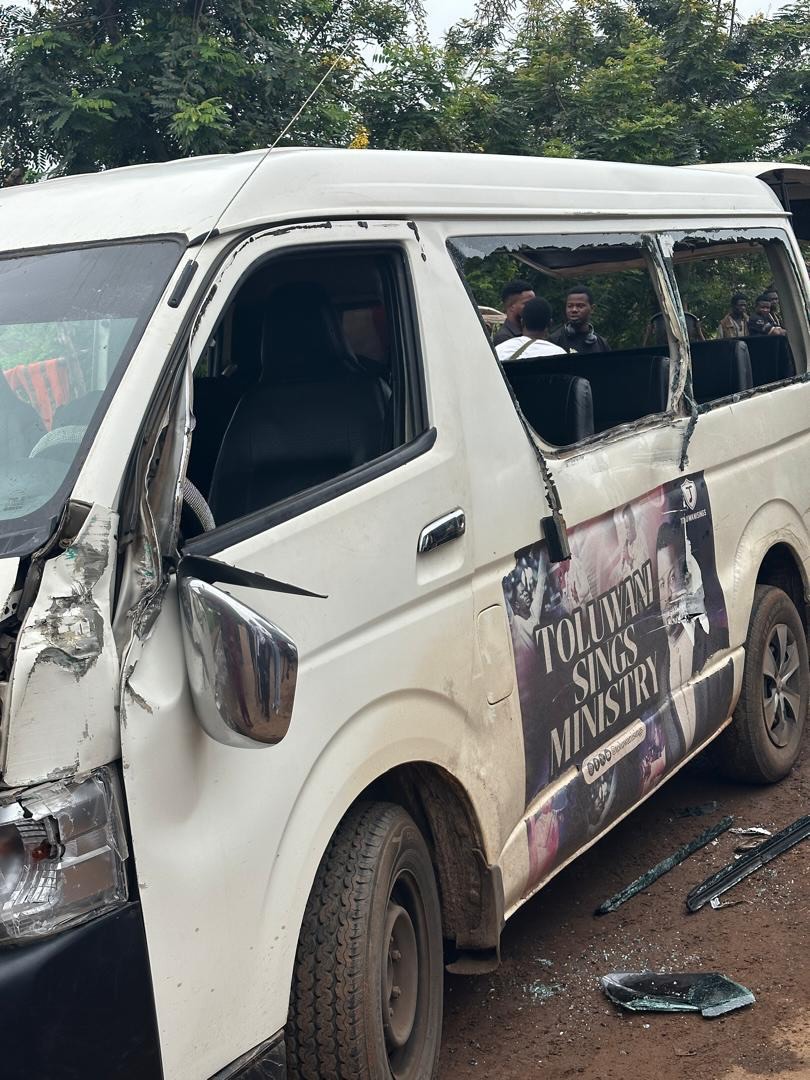 The damaged bus in which gospel singer Toluwanisings and his crew were travelling. Photo Instagram@toluwanisings