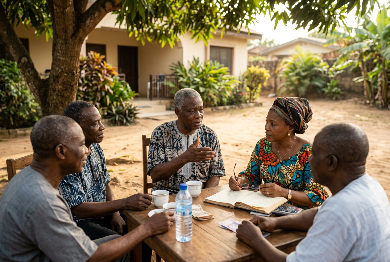 Retirees discussing retirement planning and living costs in Nigeria, highlighting the best places to retire in Nigeria and the budget needed for a comfortable retirement.