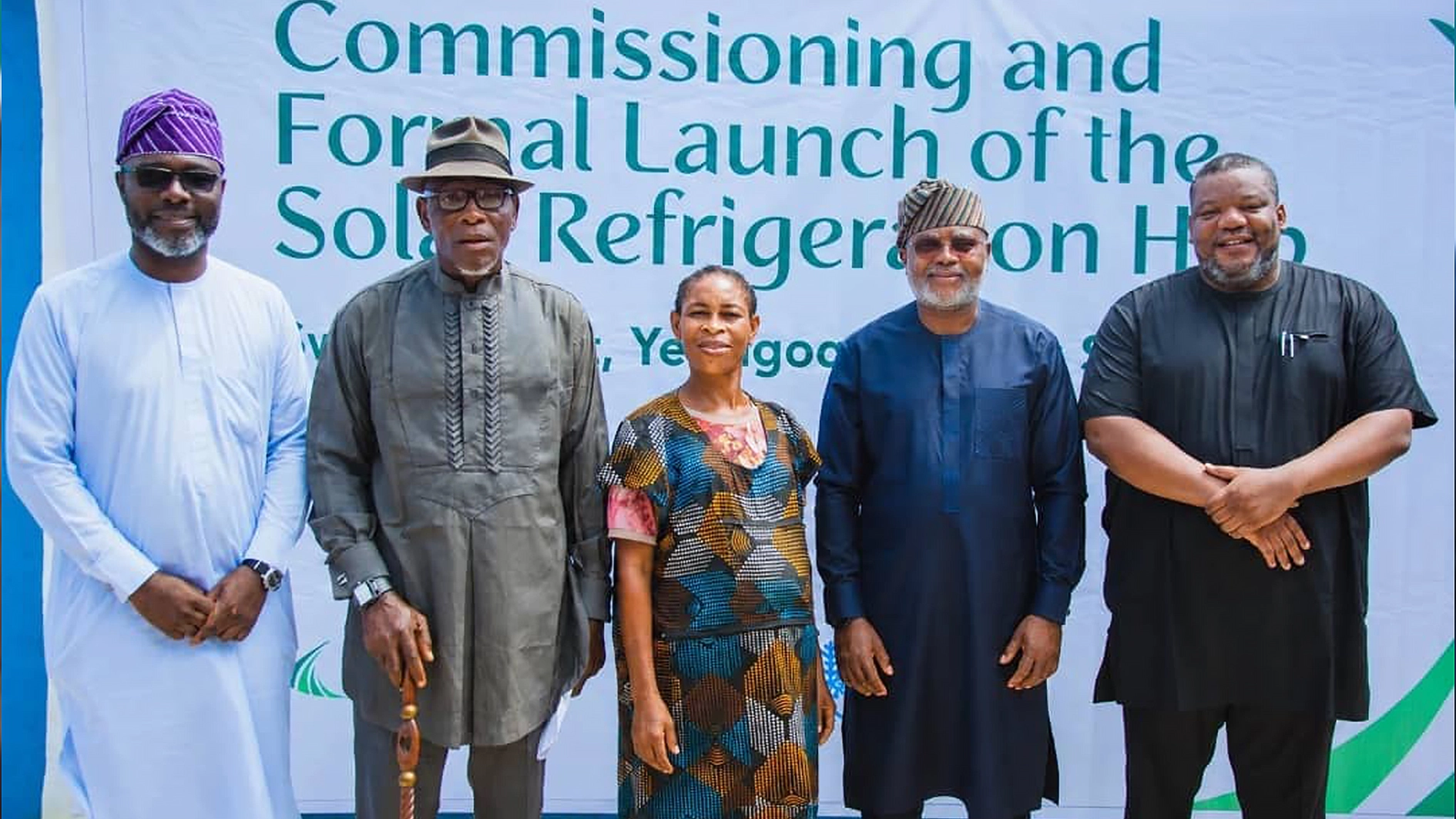 Access to Energy Manager, PIND, Dr. Teslim Giwa (left); Community Leader, Swali Market, Sobo Jimmy Agada; Fish Trader and beneficiary, Mrs. Florence Emmanuel;  Executive Director, PIND, Mr. Sam Ogbemi Daibo and Chief Executive Officer, ColdHubs, Mr. Nnaemeka Ikegwuonu, during the commissioning of the Solar-Powered Cold Storage Hub and Ice-Making Facility at Swali Market, Yenagoa, Bayelsa State