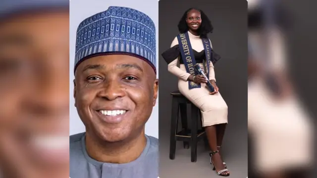 A composite picture of Senator Bukola Saraki and Blessing Oluwafikayo Adisa