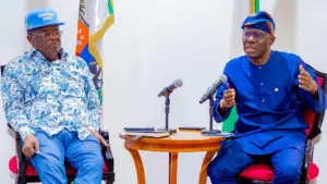 Minister of Works, David Umahi (left) and Lagos State Governor, Babajide Sanwo-Olu, during the minister’s visit to Lagos House, Marina.