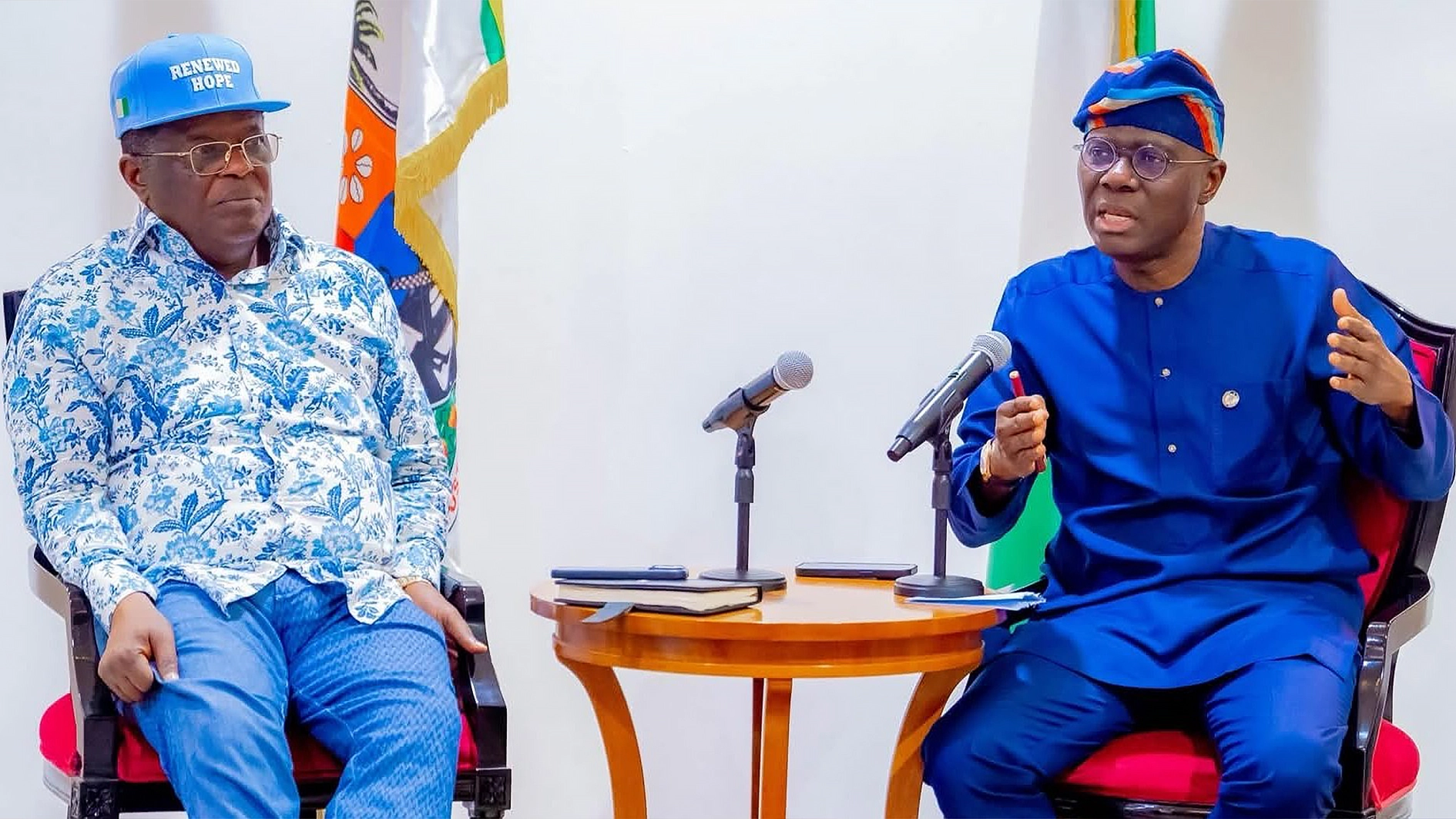 Minister of Works, David Umahi (left) and Lagos State Governor, Babajide Sanwo-Olu, during the minister’s visit to Lagos House, Marina.